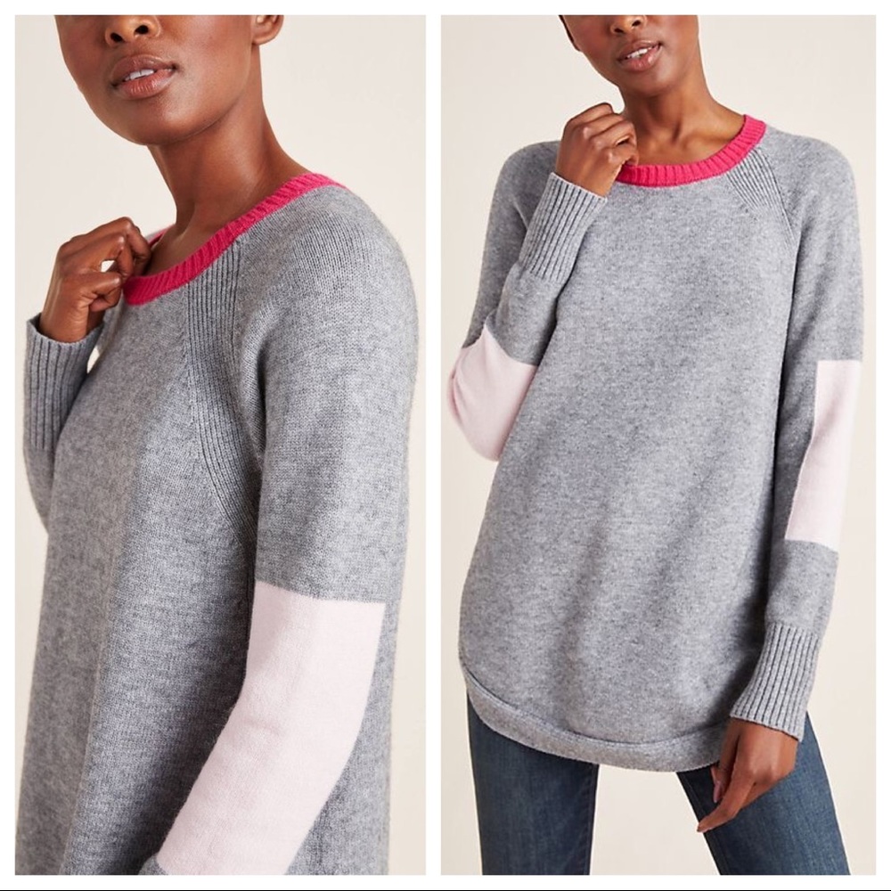 Anthropologie Gray Crewneck Sweater with Pink Accents